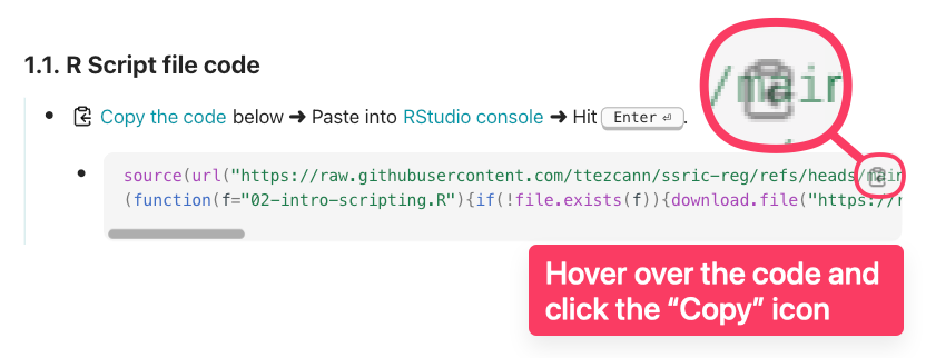 RStudio is open with the Console on the left. The Copy icon callout shows how to copy module code from the code box at the top of each module page.