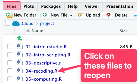 RStudio Files tab showing several .R script files. It is the first tab. An arrow and note indicate that clicking the files will reopen them.