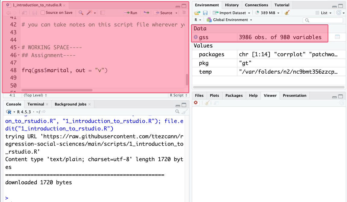 RStudio shows the downloaded script file open in the upper-left pane. The Environment pane confirms that the dataset gss is loaded, and the Console shows the file was downloaded successfully.