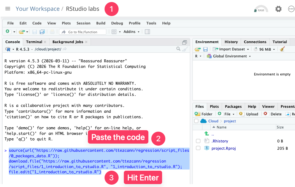 RStudio is open with the Console on the left. The pasted code is highlighted there, with callouts indicating: 1) open the RStudio lab, 2) paste the code into the Console, and 3) press Enter.