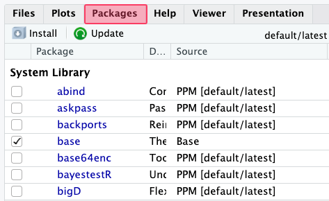 RStudio interface with the "Packages" tab highlighted. It is the third tab in the lower-right panel, next to the "Plots" tab.