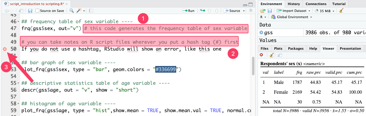RStudio screen showing how to add comments in an R script with the hash symbol (#). The numbered callouts show: 1, a correctly written comment after code; 2, text entered without # that produces an error; and 3, the red error symbol marking that line.