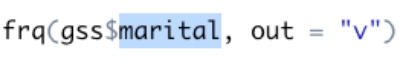 The variable name marital is selected within frq(gss$marital, out = "v")