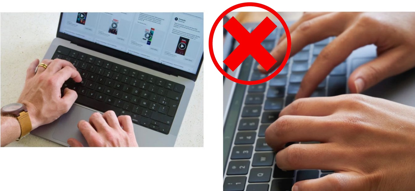 A side-by-side image about using keyboard shortcuts correctly. On the left, photo shows one hand on a keyboard, with the thumb finger pressing the Command key and the index finger pressing a letter key, demonstrating the correct hand position. On the right, photo shows both hands on the keyboard with a large red “X” over the image, indicating incorrect technique.