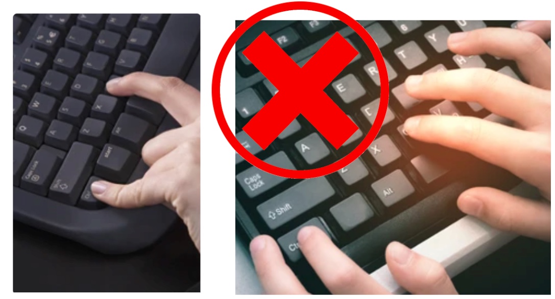A side-by-side image about using keyboard shortcuts correctly. On the left, photo shows one hand on a keyboard, with the little finger pressing the Control key and the index finger pressing a letter key, demonstrating the correct hand position. On the right, photo shows both hands on the keyboard with a large red “X” over the image, indicating incorrect technique.