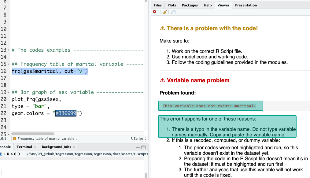 RStudio shows a variable name pasted into code and the resulting warning. The code uses maritaal, and the viewer tab says: “This variable does not exist: maritaal"