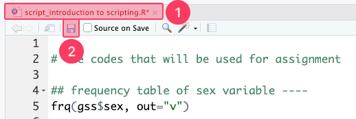 RStudio script pane shows how to save an R script file. Callout 1 marks the script tab for the open file, and callout 2 marks the Save button.