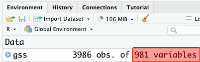 RStudio data view: there are 981 variables before recoding.
