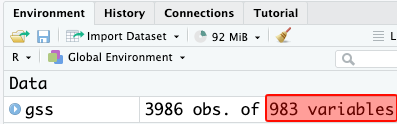 RStudio data view: there are 983 variables after recoding.