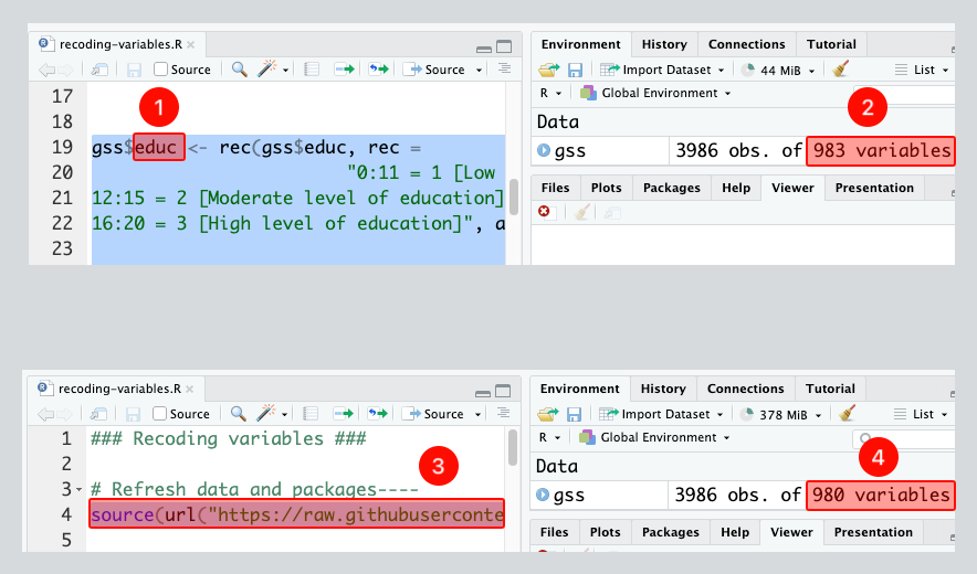 RStudio screenshot showing the refresh data step restoring GSS from 983 variables back to 980 variables.