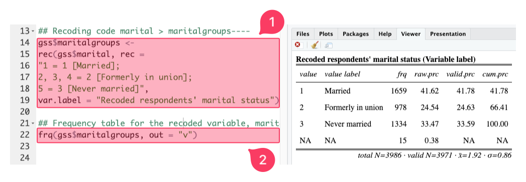 A screenshot shows recoding code highlighted and run before the frequency command. Callout 1 marks the block of code that creates the new variable gss\(maritalgroups and assigns it a label, and callout 2 marks the frq(gss\)maritalgroups, out = "v") command. On the right, the resulting frequency table for “Recoded respondents' marital status” appears, confirming the new variable was created successfully.