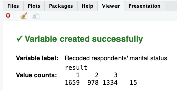 RStudio provides confirmation: "Variable created successfully"