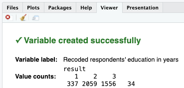 RStudio provides confirmation: "Variable created successfully"