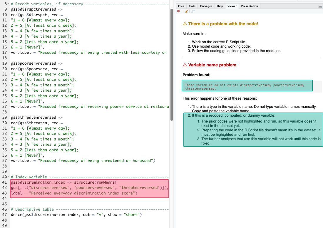 Screenshot of RStudio showing code to recode variables and compute a new variable called discrimination_index. In the Viewer tab, an error appears: "These variables do not exist: disrspctreversed, poorservreversed, threatenreversed” indicating these variables were not created before running the computing code.
