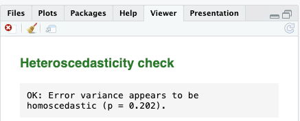 Heteroscedasticity check - OK: Error variance appears to be homoscedastic (p = 0.202).