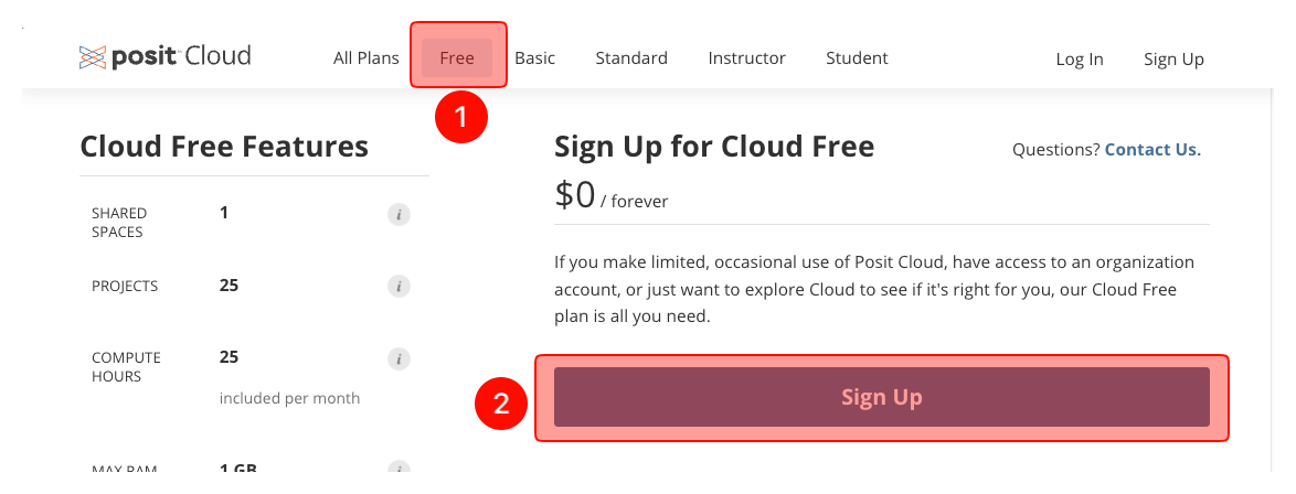 Posit Cloud pricing page with the “Free” plan selected (label 1). The page shows features of the free tier and a large “Sign Up” button highlighted (label 2) for creating an account.