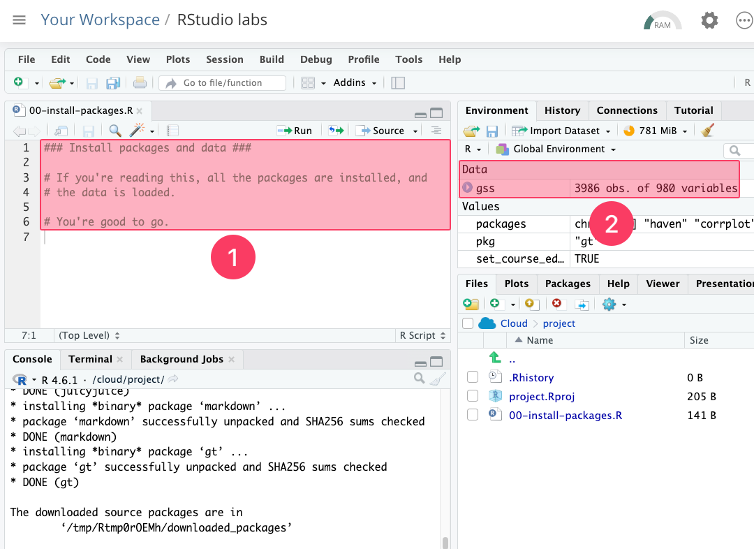 RStudio shows the downloaded script file open in the upper-left pane. The Environment pane confirms that the dataset gss is loaded, and the Console shows the file was downloaded successfully.